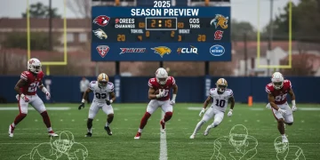 Dynamic football field with 2025 season preview scoreboard, symbolizing coaching changes impact on player value and draft strategy.