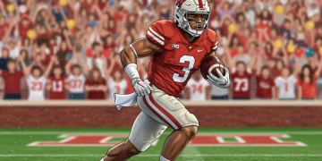 Dynamic football player from the 2025 recruiting class running with the ball in a stadium.