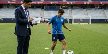 Soccer agent evaluating young American talent on the field, focusing on future prospects