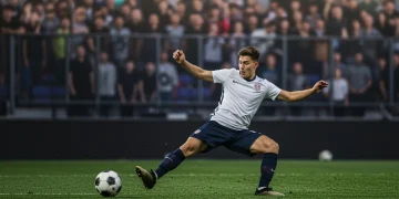 American defender making a critical tackle in a European league match, showcasing skill and determination.