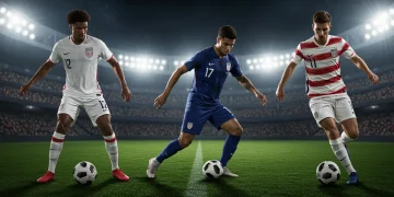 Dynamic image of three American soccer players showcasing multi-positional roles on a modern football pitch.