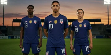 Three American soccer players showing leadership on a field