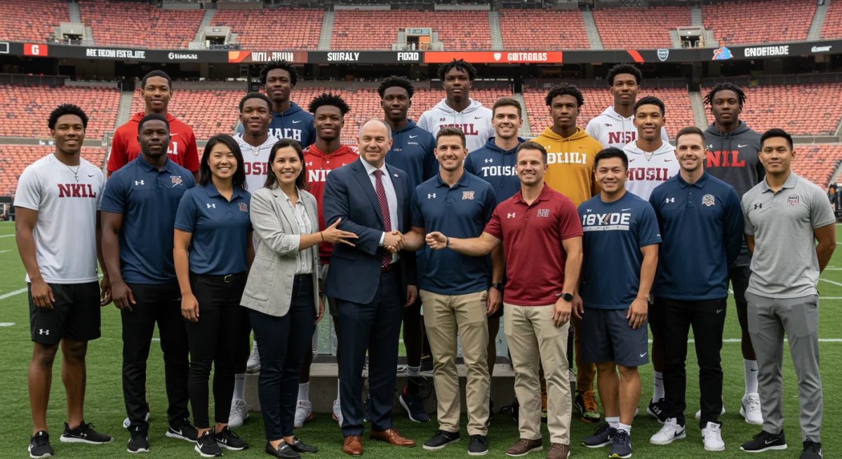 College athletes signing endorsement deals with brand representatives, showcasing NIL collective success.