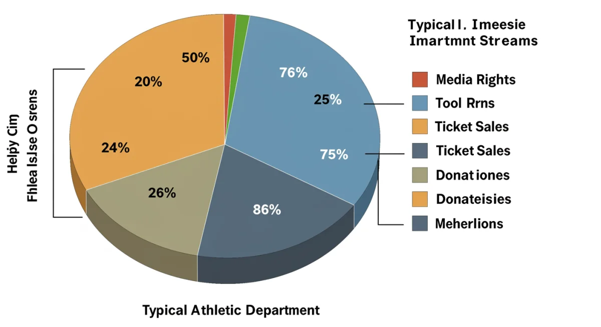 Infographic displaying college athletic department revenue breakdown by media rights, tickets, donations, and merchandise.