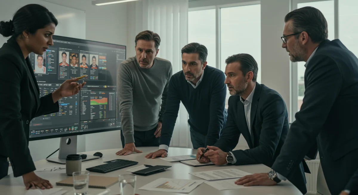 Club directors analyzing player data and market trends during a transfer strategy meeting.