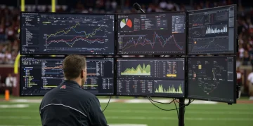 Coach analyzing data on multiple screens, college football analytics in action.