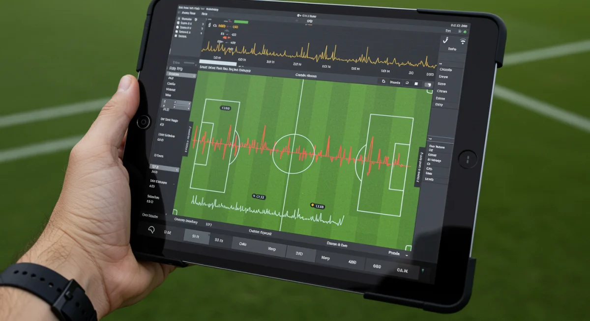 Coach analyzing player data on a tablet during training