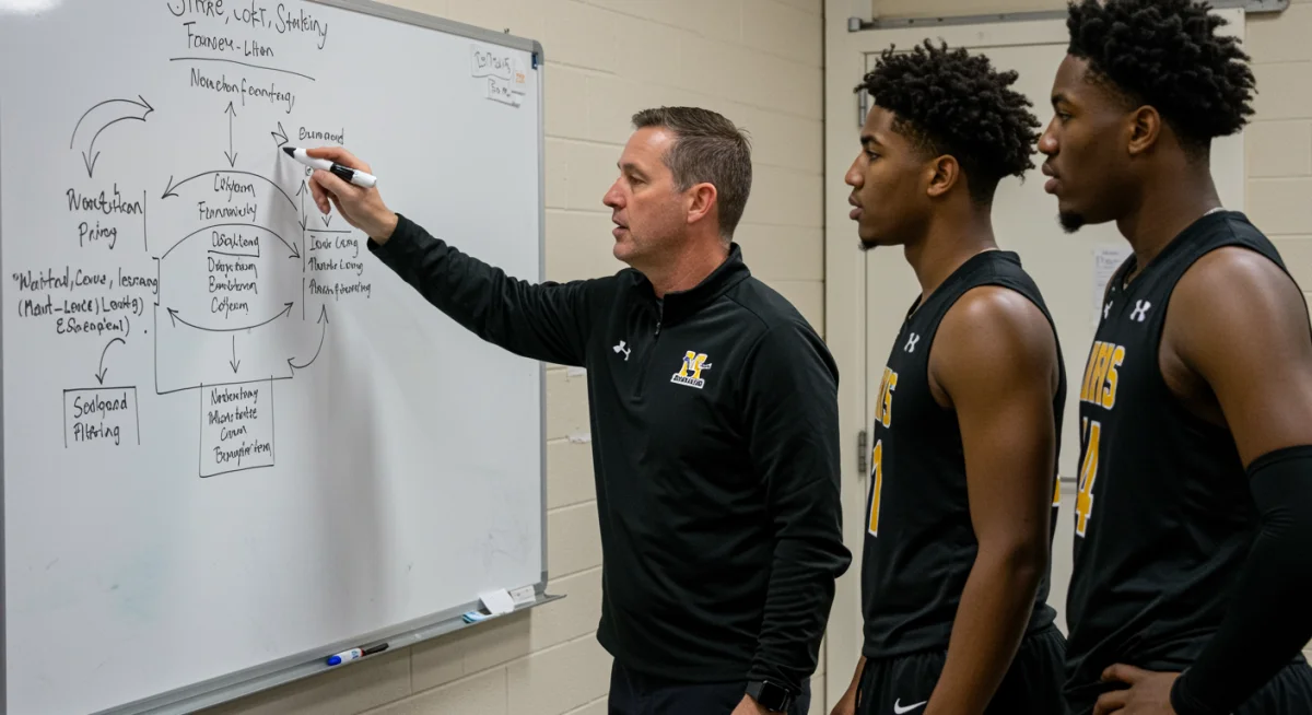 College football coach strategizing roster changes with players on a whiteboard