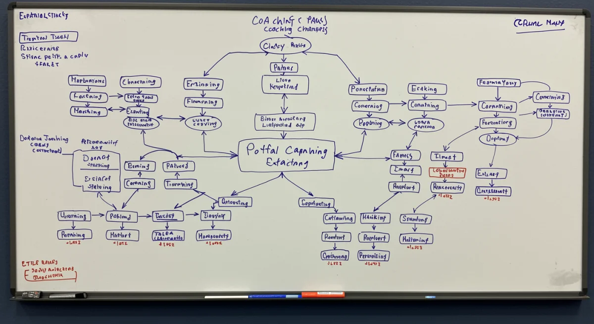 Strategic whiteboard with college football coaching tree diagrams and candidate names