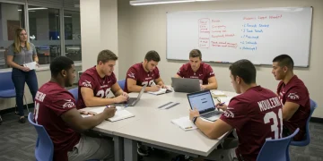 College football student-athletes studying in an academic support center, receiving guidance from advisors.