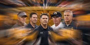 Dynamic college football coaching carousel with blurred coaches and logos