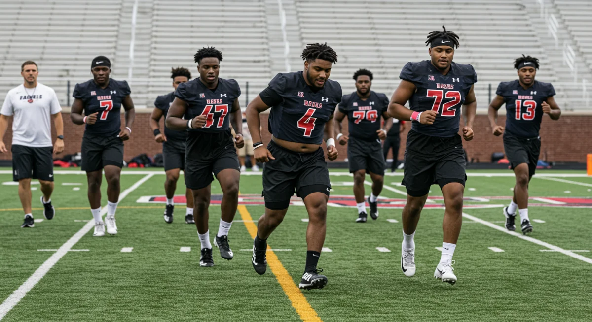 College football team performing dynamic warm-up exercises, emphasizing injury prevention.