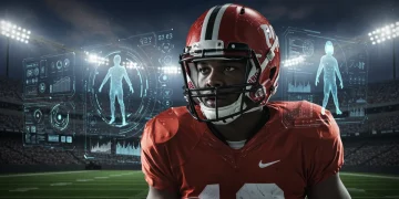 Futuristic college football player with smart helmet and VR training elements