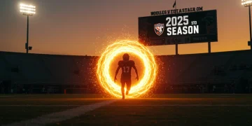 College football player silhouette entering glowing transfer portal with 2025 scoreboard