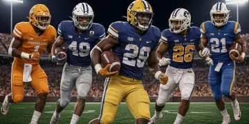 Dynamic collage of college football uniforms, highlighting futuristic designs and branding strategies for 2025.