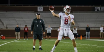 College football quarterback throwing with coach observing