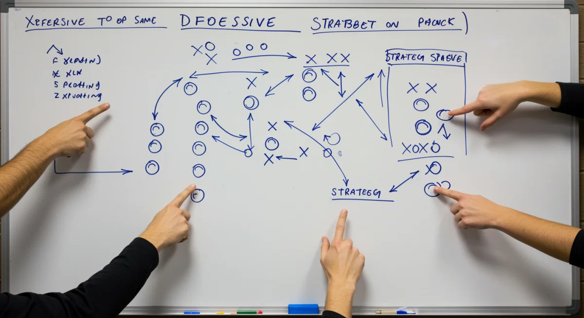 Whiteboard with complex defensive football schemes and strategic notes