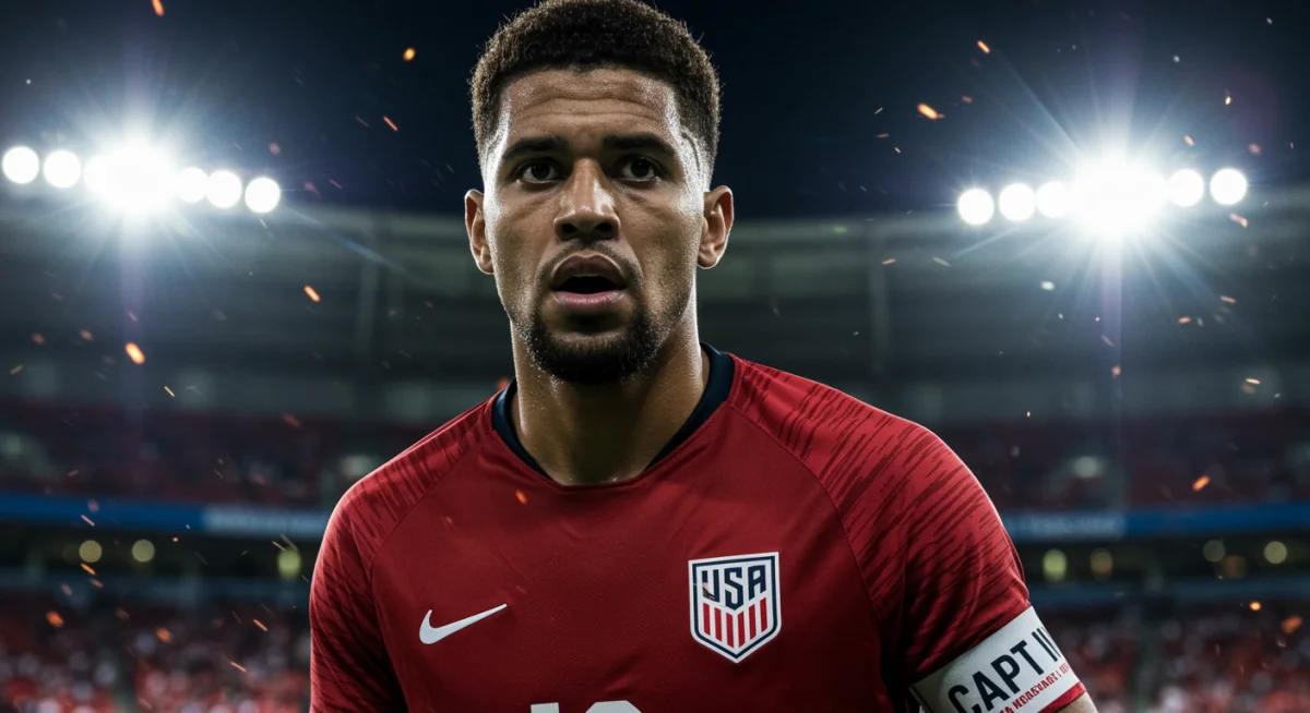 American male soccer player with captain's armband showing determination