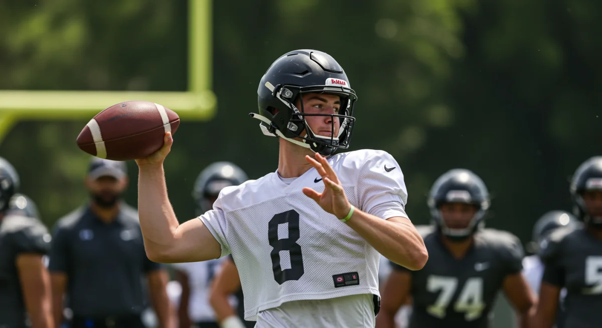 Emerging quarterback talent showcasing arm strength during Spring Practice 2025.