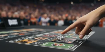 Strategic decision-making on a fantasy football draft board with player cards and team logos.