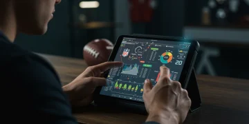 Fantasy football manager analyzing kicker and D/ST stats on a tablet for the 2025 season