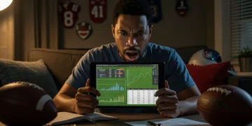 Fantasy football player making mid-season adjustments on a tablet to secure a playoff spot.