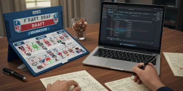 Strategic fantasy football mock draft preparation with a draft board, laptop, and notes for 2025