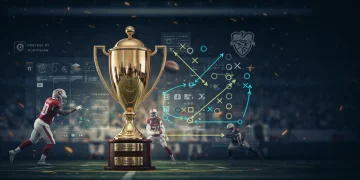Fantasy football playoff trophy surrounded by strategic diagrams and player holograms, symbolizing advanced roster preparation.