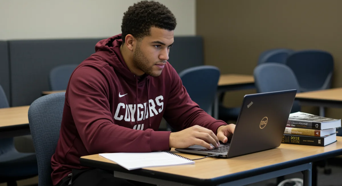 College football player focused on studying in a dedicated academic support facility.
