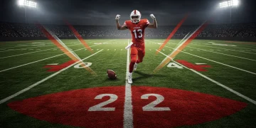 Dynamic football player celebrating a touchdown in the red zone, symbolizing increased scoring opportunities for fantasy football.