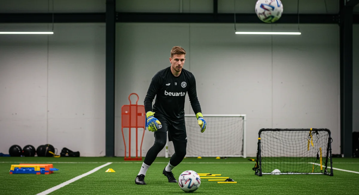 Goalkeeper practicing advanced ball distribution techniques in a modern training facility