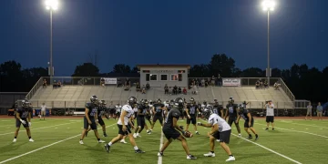 High school football players showcasing their talent under stadium lights, representing future college stars.