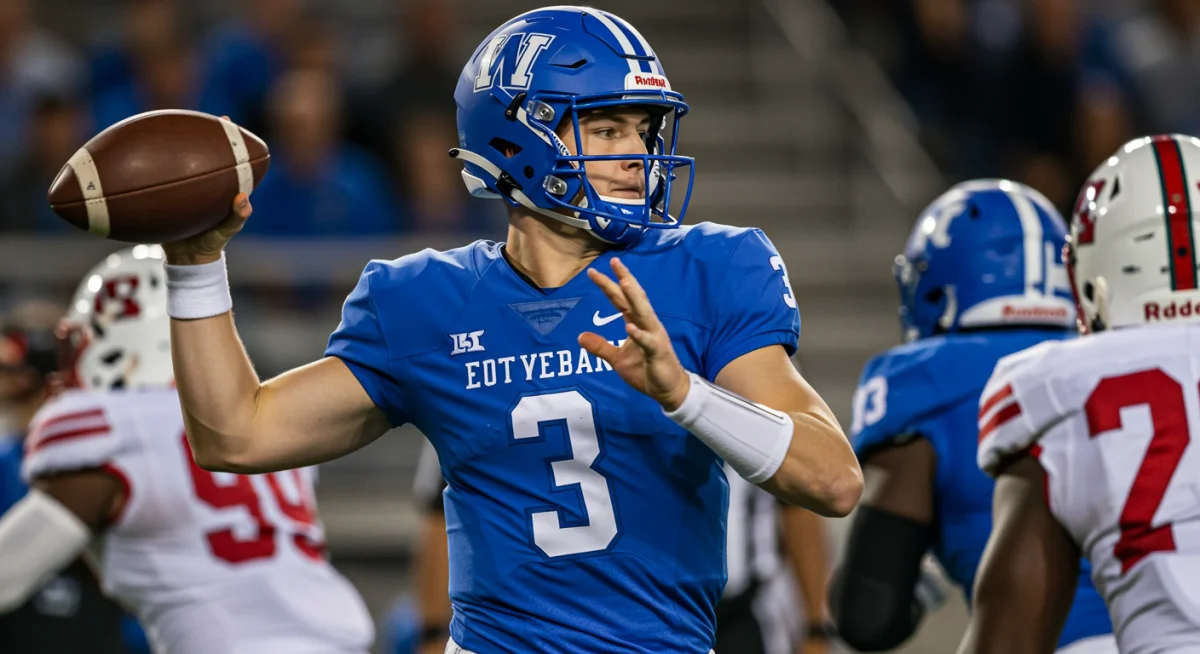 Dynamic high school quarterback throwing a pass during a game, demonstrating future college potential.