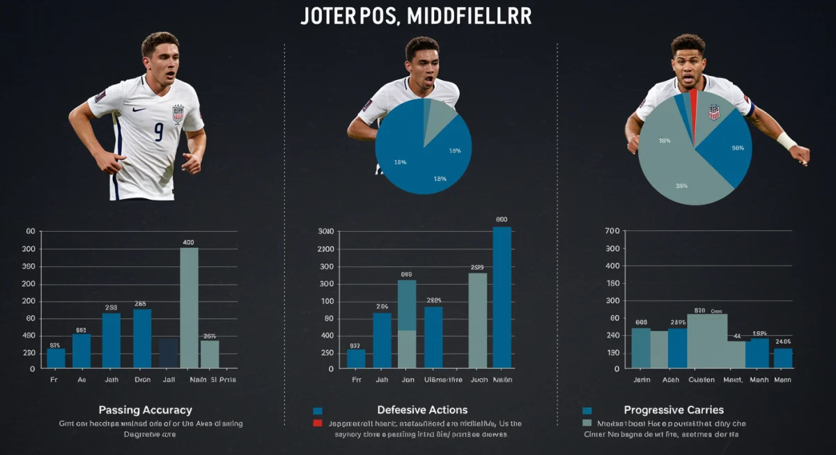 Infographic comparing key performance metrics of US midfielders including passing, defense, and progressive carries.