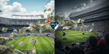 MLS Player Transfers 2025: $150M Market Shift & US Club Impact Dynamic visual of money flowing into soccer stadiums with MLS logos, representing the 2025 player transfer market.