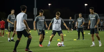 Youth soccer players training in MLS academy uniforms on a lit field with coaches.