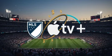 MLS Media Rights Deal: $2.5 Billion Agreement, Future, and Impact MLS and Apple TV+ logos merging, symbolizing their $2.5 billion media rights partnership through 2032, with a stadium background.