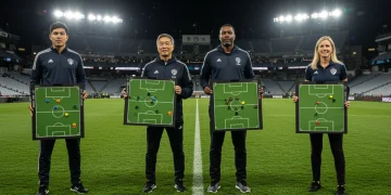 Four MLS coaches discussing innovative tactical formations on a soccer pitch