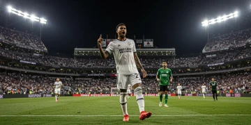 Designated Player celebrating a goal in a packed MLS stadium, symbolizing financial impact and success.