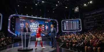 MLS Draft podium with player and club official