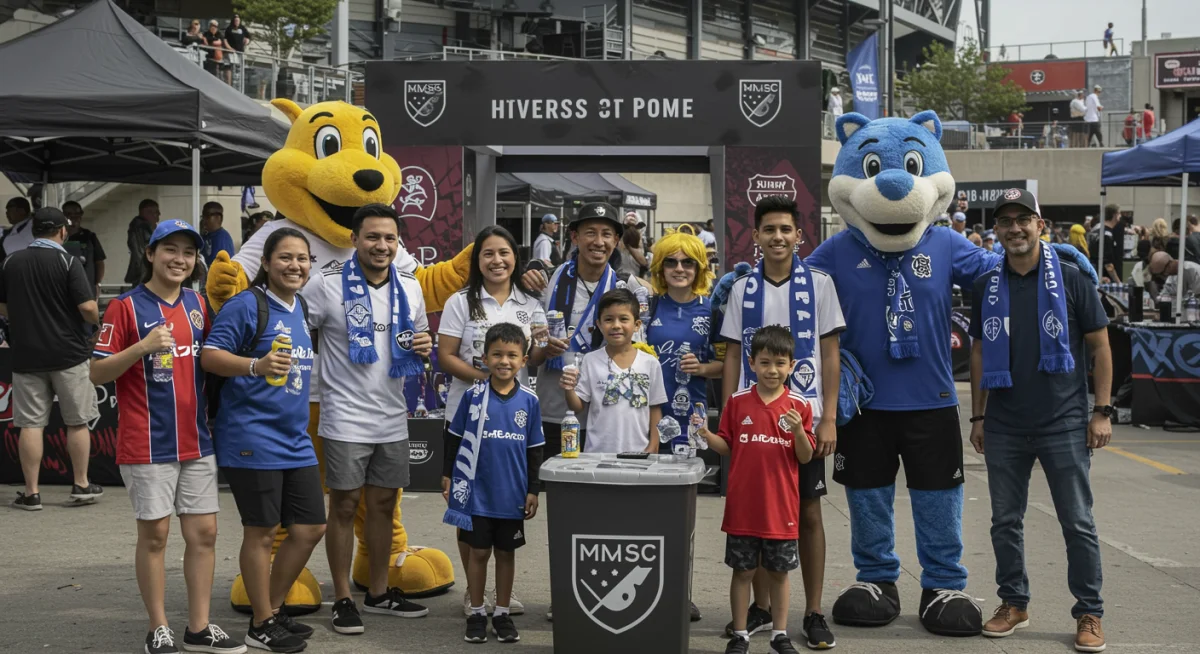 Diverse MLS fans enjoying pre-game activities and interacting with mascots in a vibrant fan zone.