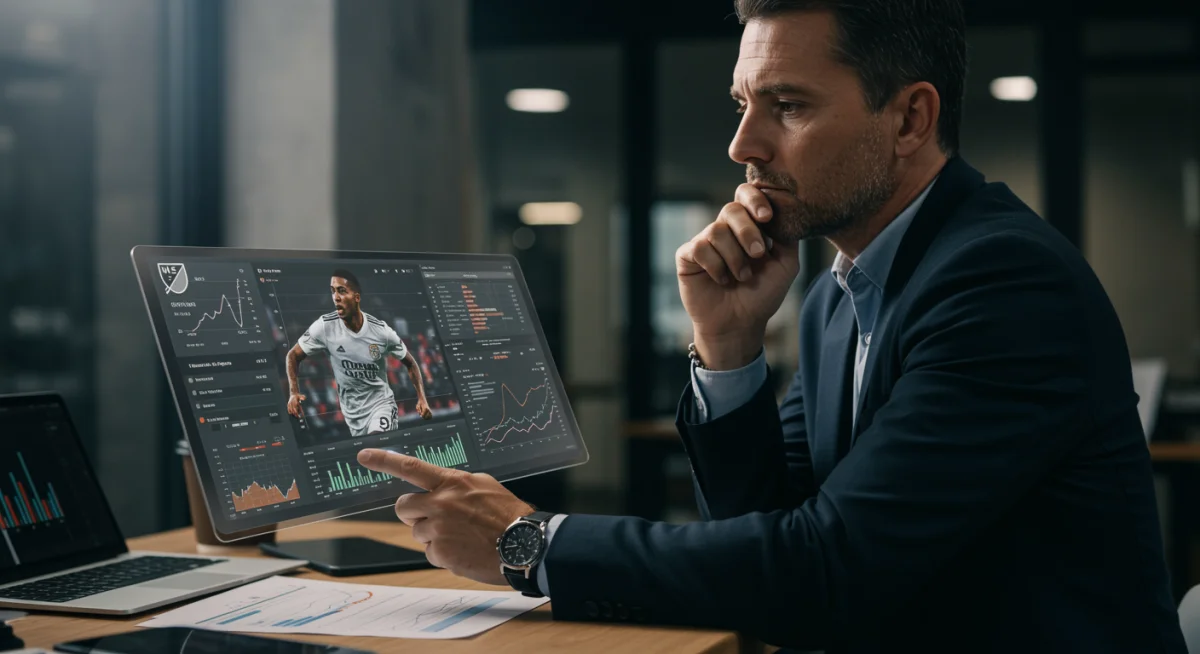 MLS team manager analyzing player stats and salary cap figures on a tablet