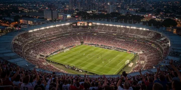Modern MLS stadium at night, packed with fans, symbolizing economic growth.