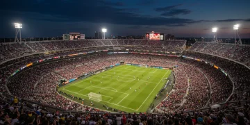 Packed MLS stadium with cheering fans and bright lights during a night game, symbolizing strong fan engagement.
