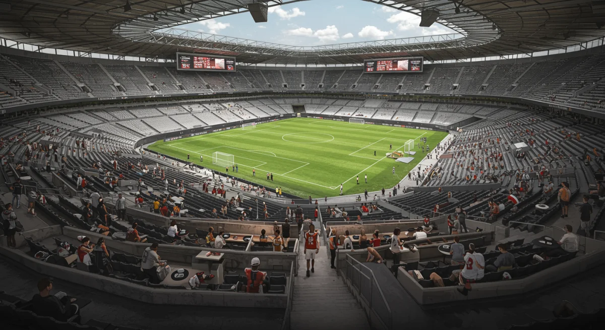 Architectural rendering of new MLS stadium interior with fan amenities.