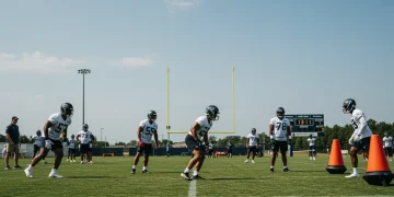 Leveraging 2025 NFL Training Camp News for Draft Picks NFL players practicing intensely at training camp, coaches observing