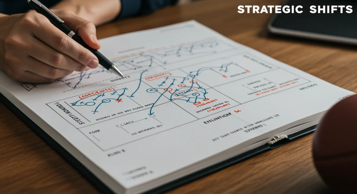 Coach's playbook displaying strategic diagrams and player names, illustrating the tactical adjustments due to coaching changes.