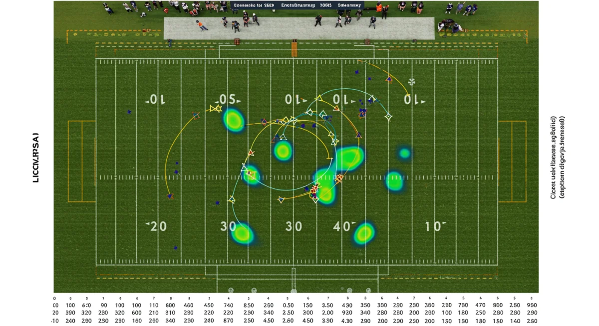 Heat map visualizing player movement and efficiency on a football field.