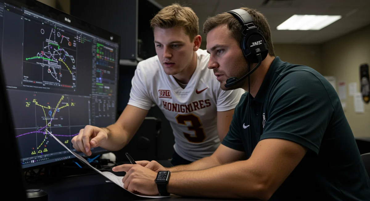 College football coach and quarterback reviewing game film