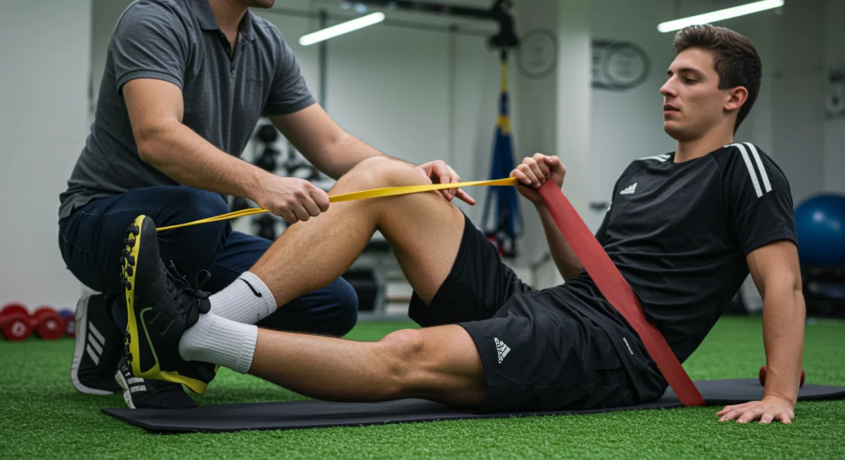 Physical therapist guiding soccer player through knee rehabilitation exercise